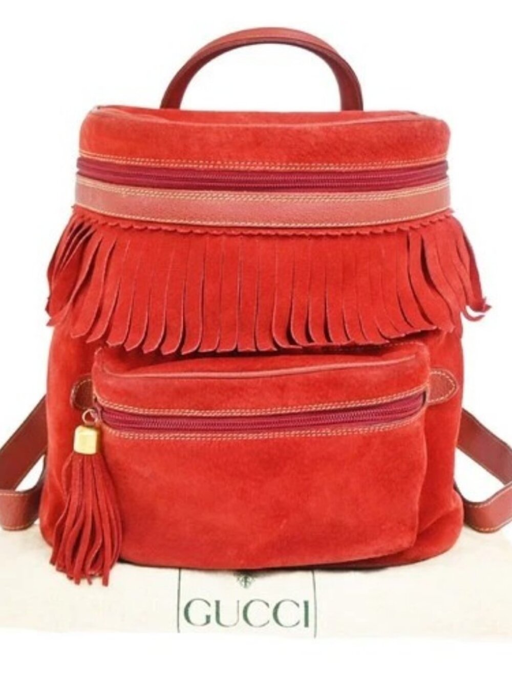 GUCCI Logo Tassel Backpack Bag Suede Leather Red GHW Italy 87CB117